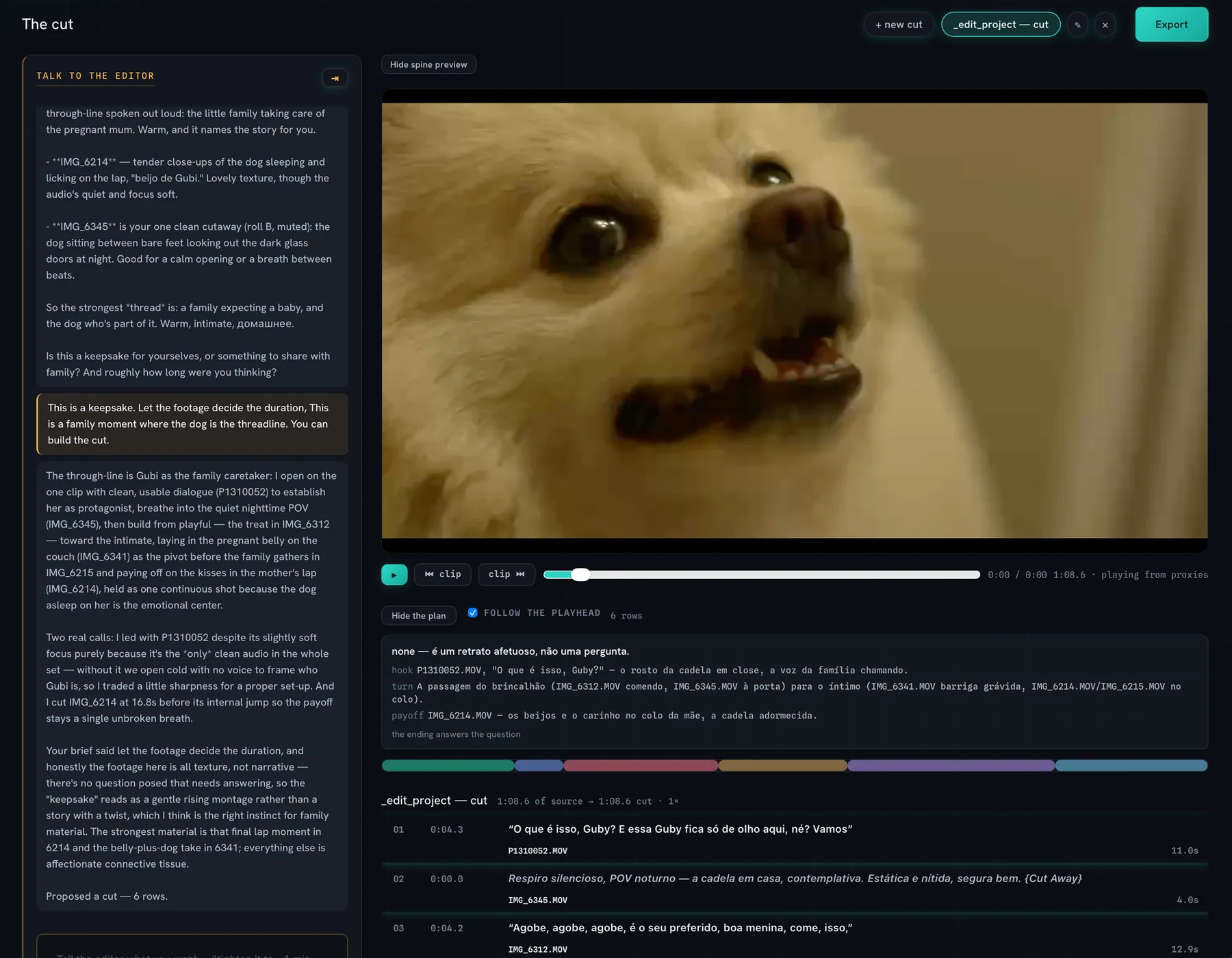 The Cutler cut page: the editor conversation on the left; the video preview, the story plan, a colour ribbon of shots and the proposed rows on the right.