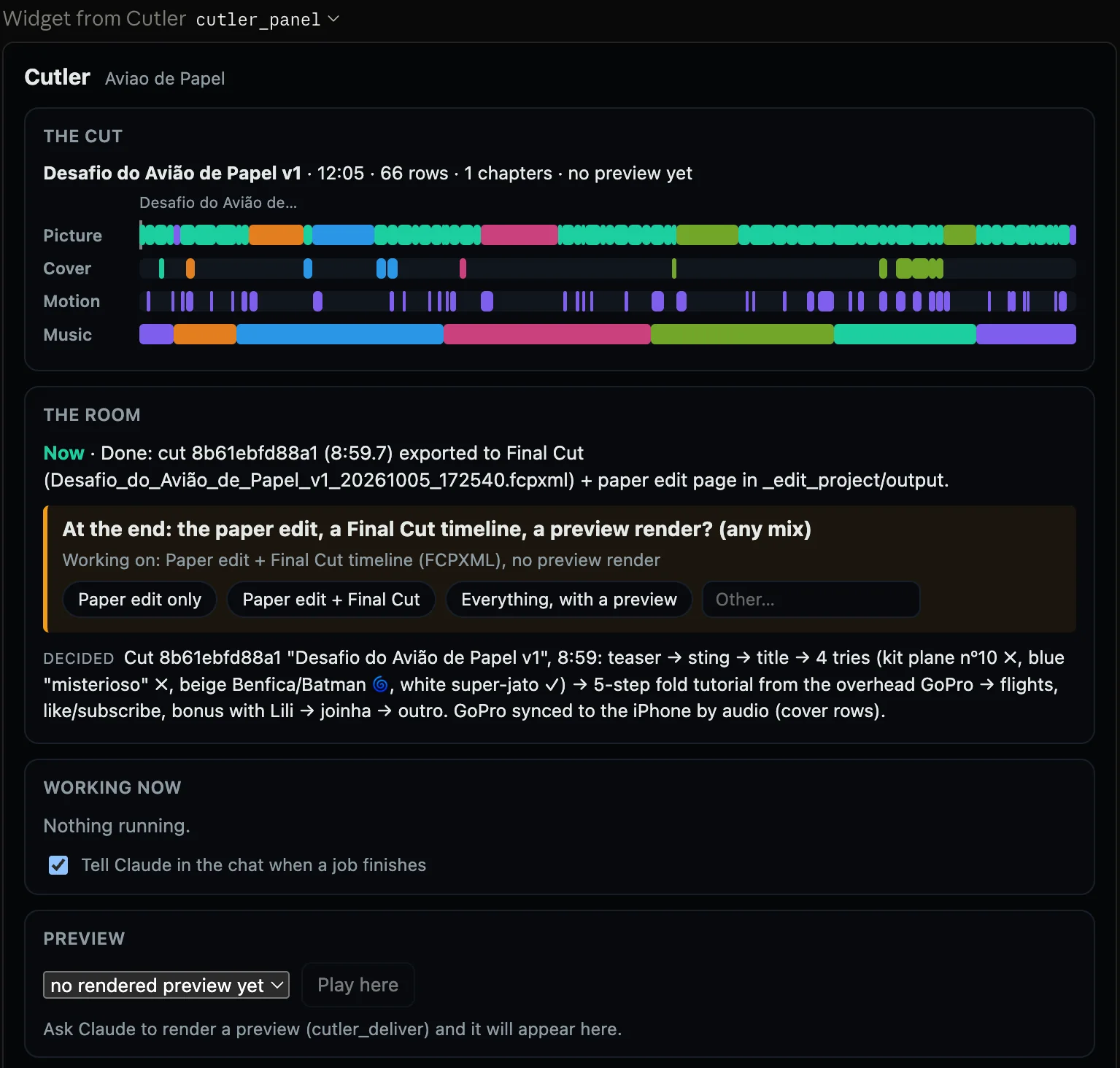 Cutler's panel inside the Claude app: the cut as coloured ribbons for picture, cover shots, motion graphics and music; the room, showing the cut exported to Final Cut with a paper edit, a question with choices, and what was decided; and the job and preview status.