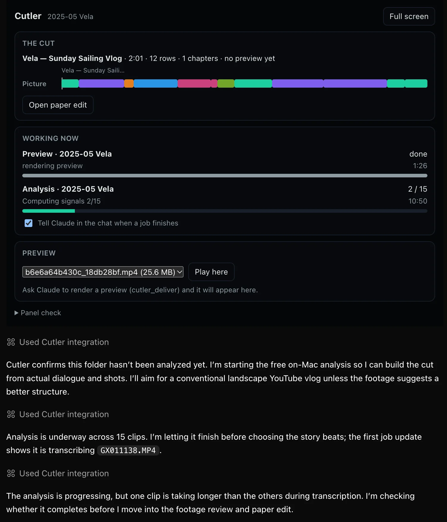 Cutler running inside ChatGPT's Codex: Cutler's live panel with the cut as a colour ribbon, a finished preview render and footage analysis in progress, above the AI's running notes as it reads the clips.