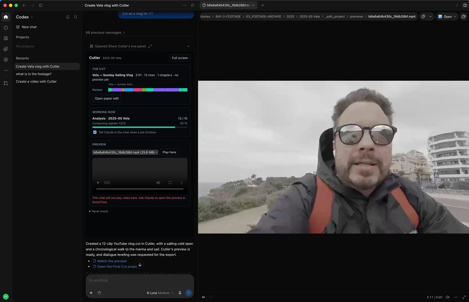 Cutler running inside ChatGPT: a Create-a-vlog chat on the left with Cutler’s live panel — the cut, a colour ribbon, analysis progress and a rendered preview — beside a full-frame preview of the footage.