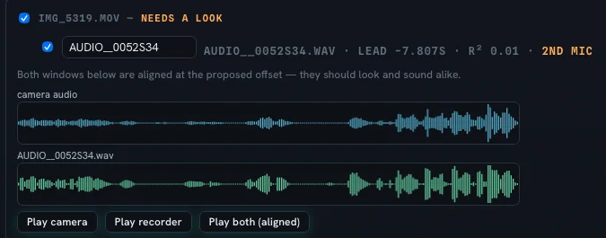 Camera audio and recorder audio aligned at the proposed offset, marked as needing a look, with a second-mic flag.