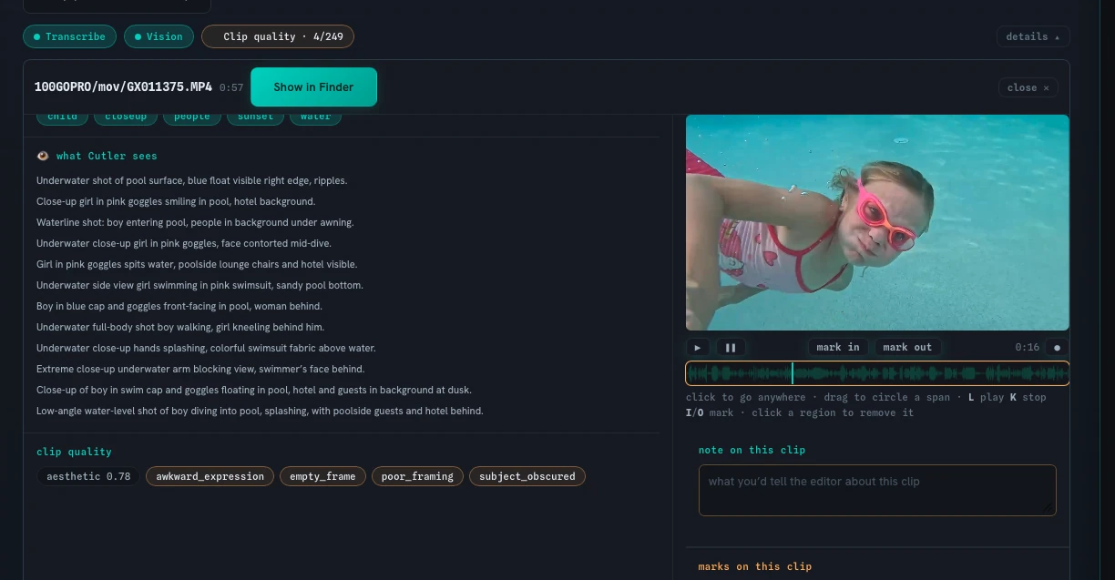 A GoPro pool clip open in Analyze: what Cutler sees, line by line, next to the frame of a girl in pink goggles underwater, with quality flags such as awkward expression, empty frame, poor framing and subject obscured.